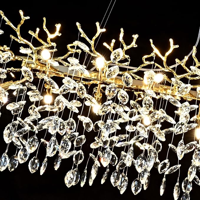 Gold Crystal Chandelier Modern High Ceiling Tree Branch Chandeliers Lighting Luxury Foyer Entryway Staircase Living Room Large Raindrop Large Hanging Pendant Light Fixture