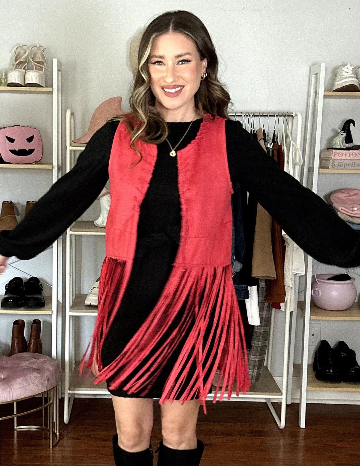 HOTOUCH Women Fringe Vest 70s Hippie Costume Faux Suede Sleeveless Tassels Cardigan Cowgirl Western Tops