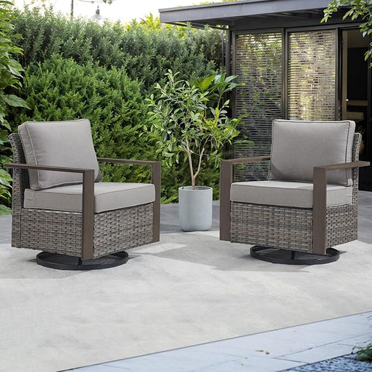 Rilyson Outdoor Patio Swivel Rocker Chairs - Wicker Rattan Patio Swivel Rocking Chairs Set of 2 with Metal Wide Armrest, Thick Cushions and Deep Seating for Deck Porch Sunroom Garden(Mixed Grey/Grey)
