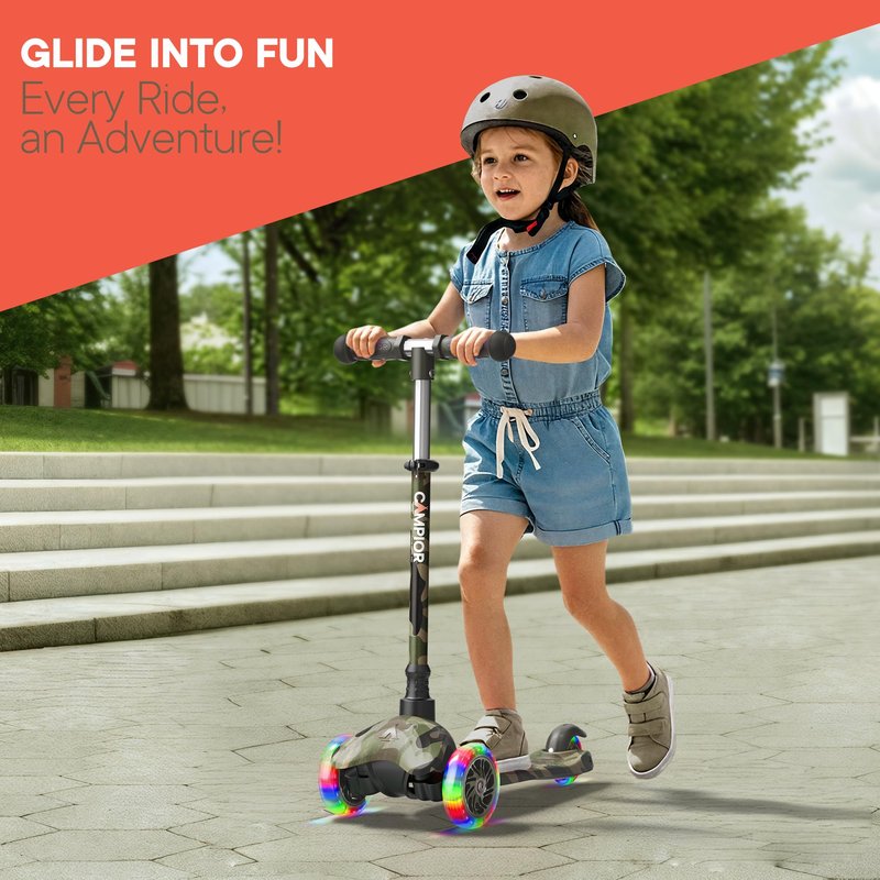 Camo Mini 3 Wheel Scooter for Kids – Lean-to-Steer with LED Light-Up Wheels, Adjustable Handlebar, Wide Anti-Slip Deck, Smooth PU Wheels, Rear Foot Brake – Toddler Scooter for Ages 2+