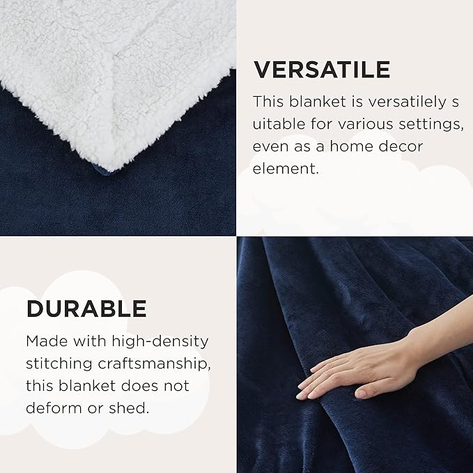 Bedsure GentleSoft Sherpa Fleece Throw Blanket Twin Size for Couch - Thick and Warm Throw for Men, Soft Fuzzy Plush Twin Blanket for Winter, Navy, 60x80 Inches