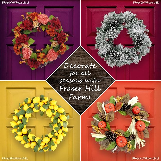 Fraser Hill Farm 24" Wreath and 6-Ft. Garland Set, Snow Flocked with Pinecones, FFCH002SET-0SN
