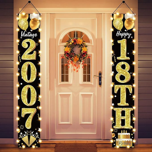 18th Birthday Party Banner Lighted Decorations for Men and Women - Black Gold Vintage 2007 18th Birthday Door Banners with LED Light, Eighteen Years Birthday Party Supplies for Indoor Outdoor Decor