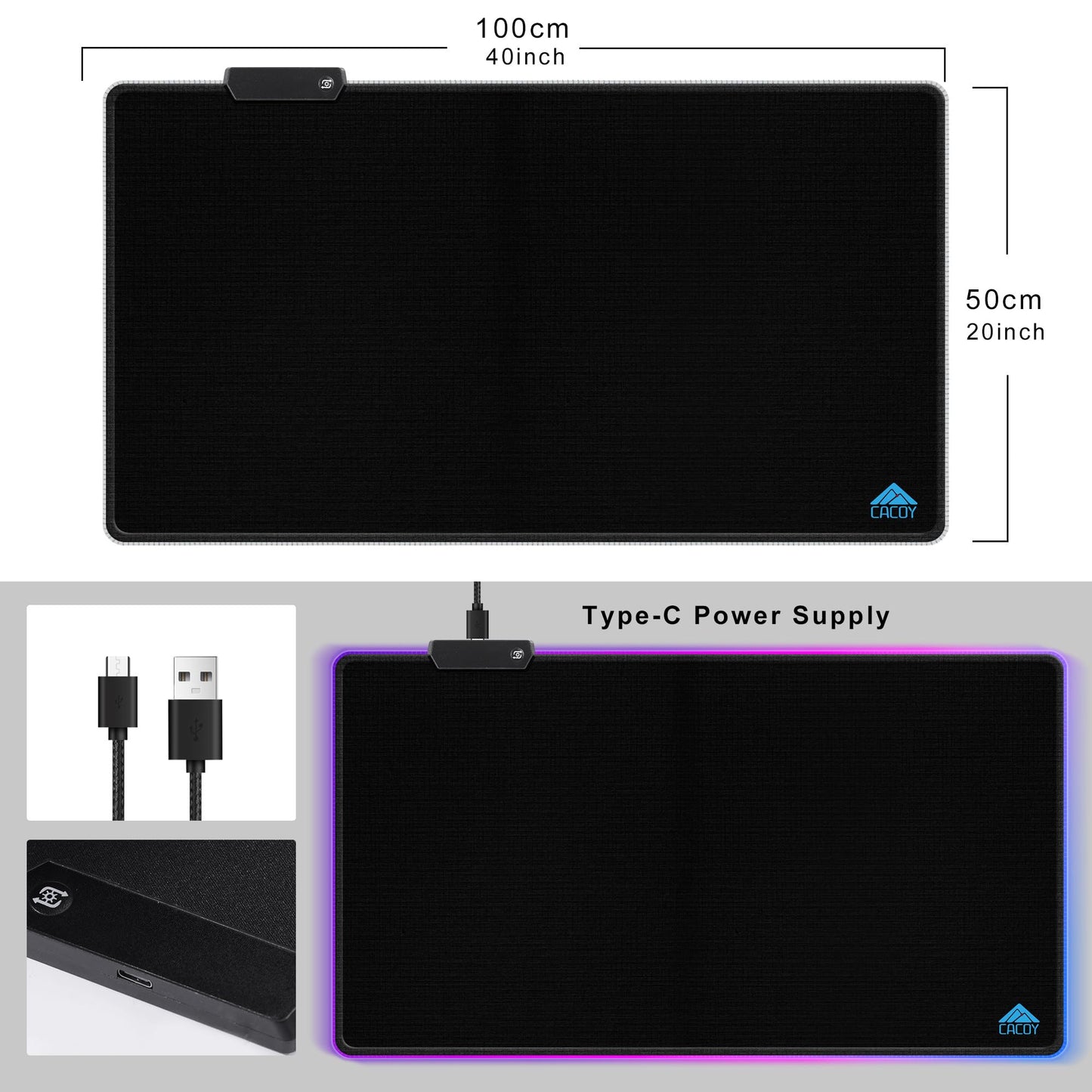 Cacoy 40" x 20" RGB Mouse Pad XXL, Extended Desk Mat with Smooth Surface and 9 Lighting Effects, LED Lighting Desk Pad with Stitched Edges and Non-Slip Rubber Base, Gaming Computer Mouse Mat, Black