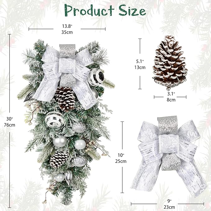 30" Christmas Teardrop Swag for Front Door Artificial Winter Swag Garland with Pine Cones, Berry Clusters, White Ball Ornaments and Ribbons for Thanksgiving Holiday Christmas Decoration