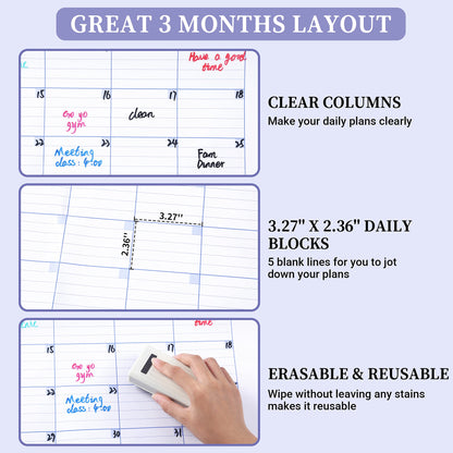 BooQool Large Dry Erase Calendar for Wall - Undated 3 Month Calendar, 27.7'' x 40'', Erasable & Reusable Laminated White Board with 8 Round Stickers, Vertical Layout Home, Office and School