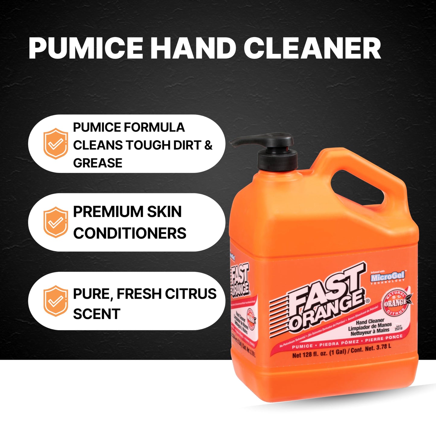 Fast Orange 25219 Pumice Lotion, Heavy Duty Hand Cleaner, Natural Citrus Scent, Waterless Cleaner For Mechanics, Strong Grease Fighter, 1 Gallon