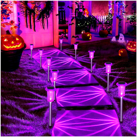 DenicMic Halloween Solar Lights Outdoor 10 Pack Purple LED Waterproof Yard Garden Patio Backyard Pathway Walkway Landscape Path Lawn Outside Halloween Decorations Outdoor