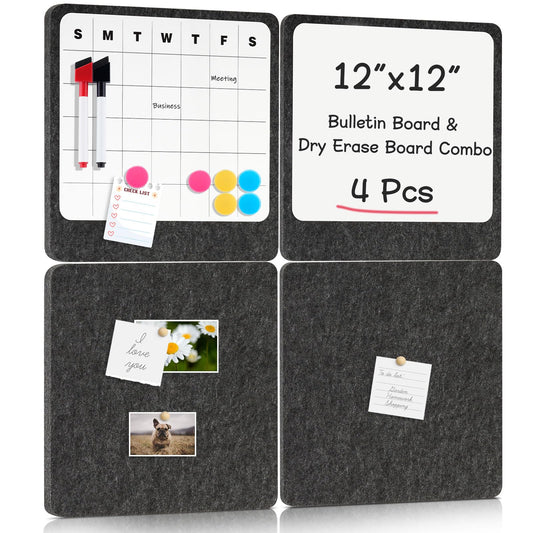 DOLLAR BOSS Felt Bulletin Board & Magnetic Whiteboard Calendar Combo 4 Pcs 12" X 12" Cork Board Dry Erase Board for Wall Frameless Combination Board with Pins Wall Decor for Home School Office