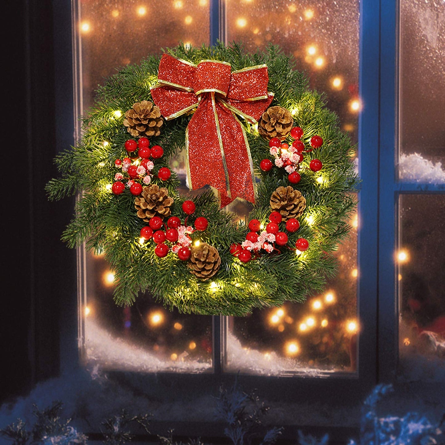 MorTime 16 Inches LED Christmas Wreath with Pinecones Red Berries, Red Bowknot Lighted Christmas Wreath with 40 LED Warm White Lights for Winter Holidays Home Decoration