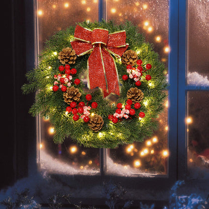 MorTime 16 Inches LED Christmas Wreath with Pinecones Red Berries, Red Bowknot Lighted Christmas Wreath with 40 LED Warm White Lights for Winter Holidays Home Decoration