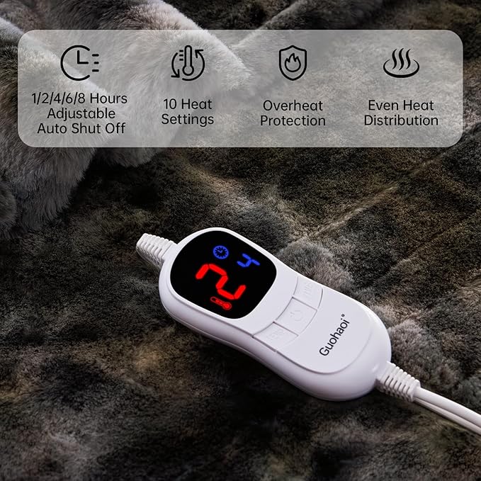 Guohaoi Heated Blanket Electric Throw, Soft Faux Rabbit Fur Electric Blanket with 10 Heating Levels 5 Sitting Timer Auto Off, Cozy Warm Heating Blankets, Machine Washable(90"×100" Dark Grey)