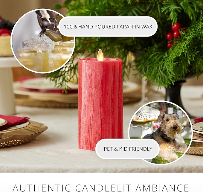 Luminara Selenite Looking Flameless Candle, Holiday Red 3" x 6.5", Battery Operated Real Wax Moving Flame LED Pillar w/Timer, Home Decor Unscented
