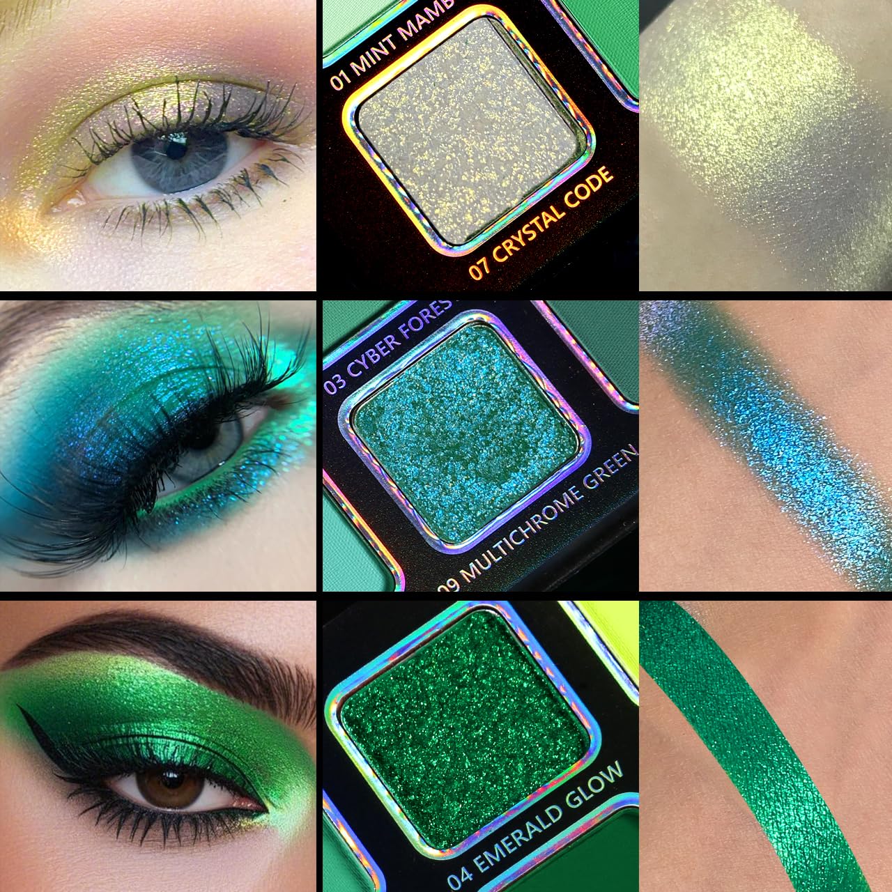 Green Eyeshadow Makeup Palette, 12 Color Green Holographic Glitter Eyeshadow with Matte Shimmer Finish for Hazel Eyes, High Pigment Silky Long Last Neon Yellow Blue Eye Shadow for Daily,Party,Cos,Goth