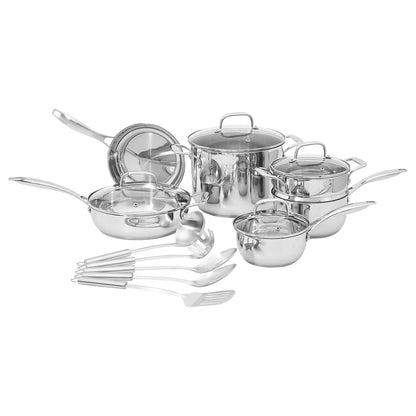 Amazon Basics Stainless Steel Cookware 15-Piece Set, Oven Safe, Pots and Pans, Induction-Ready, Even Heating, Easy to Clean, Heavy Duty, Silver