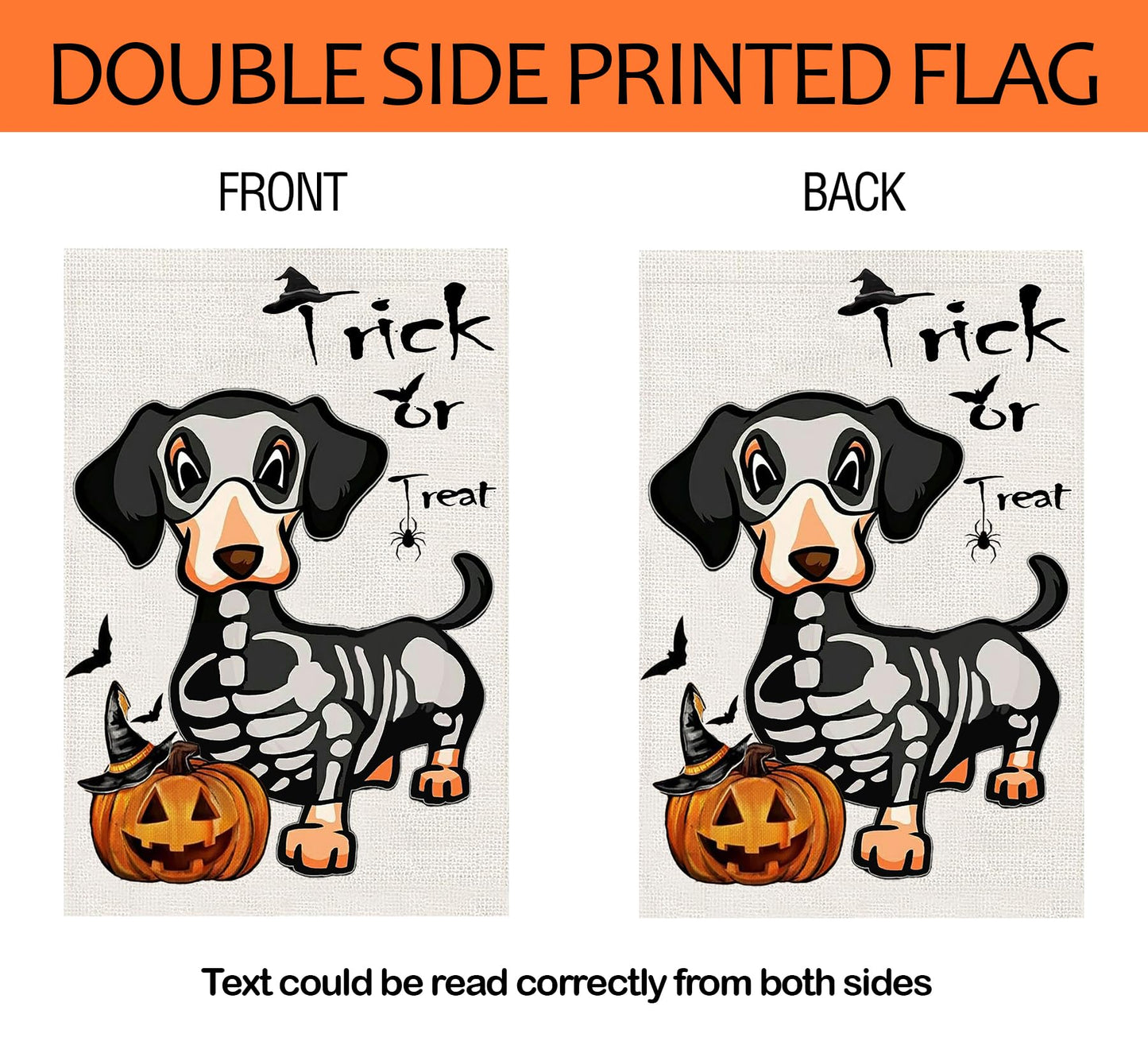 Halloween Trick or Treat Garden Flags 12x18 Double Sided, Ghost Dog Yard Flag for Outside Decor, Holiday Dachshund Skeleton Outdoor Decorations for Home