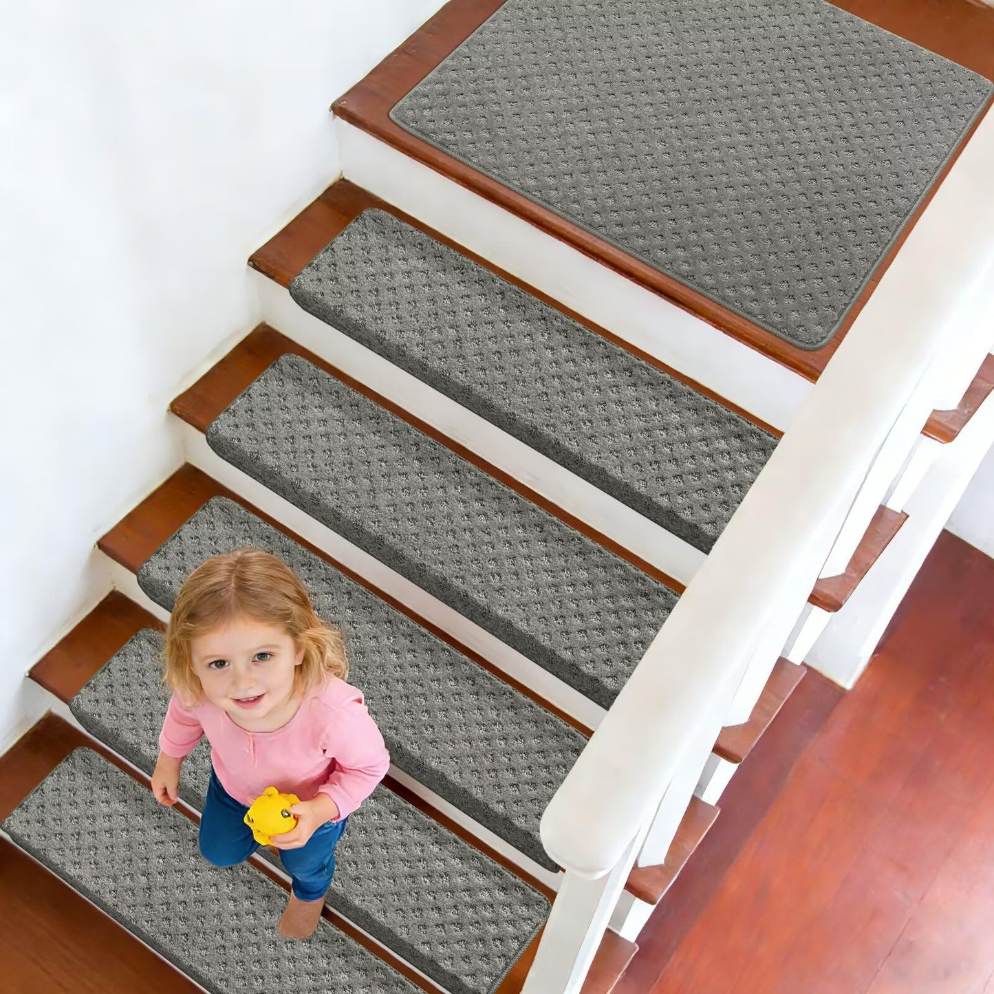 DEXDE Bullnose Carpet Stair Treads Non Slip for Wooden Steps Indoor, 30" x 9.5" x 1.7" (14 Pack) Grey - Peel and Stick Stair Runner Rugs with Edge Protection, Washable & Reusable Pet Friendly Mats