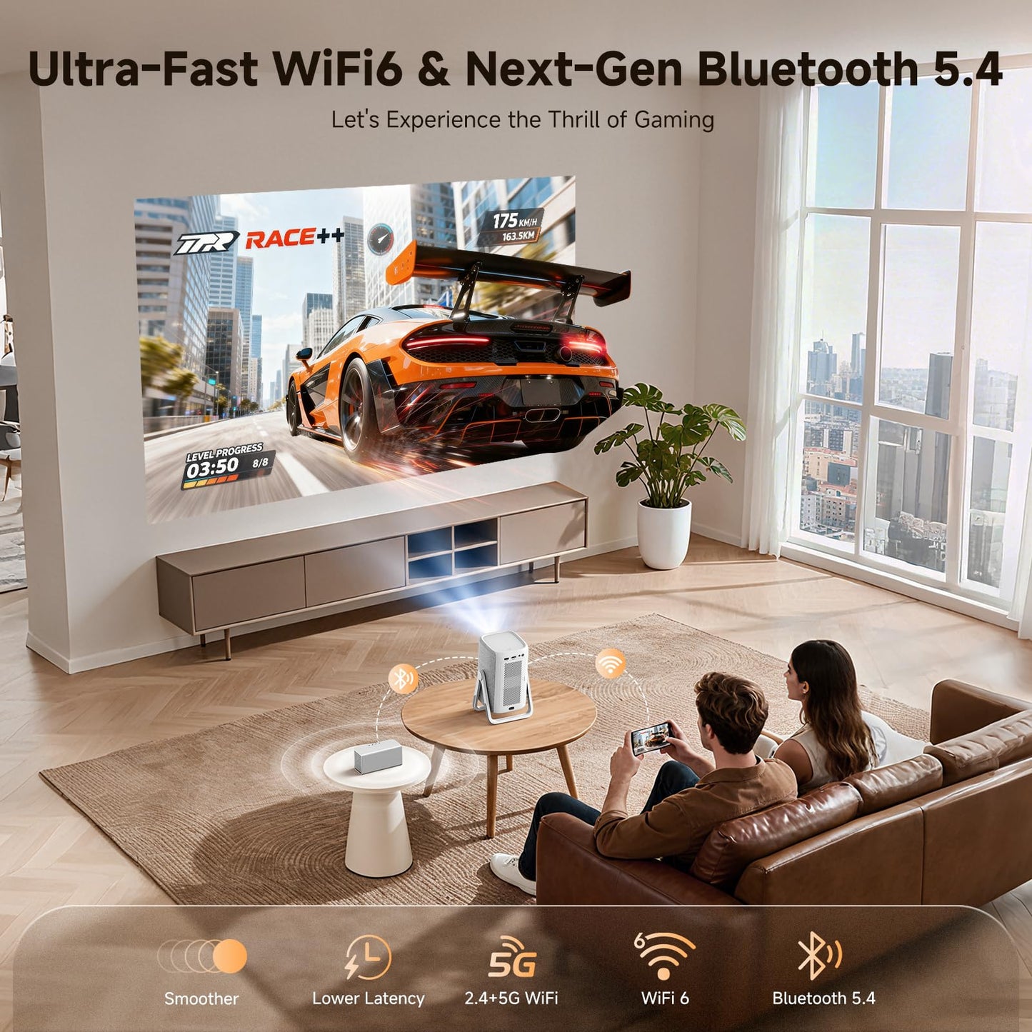 4K Outdoor Projector with WiFi and Bluetooth, iSinbox 1500ANSI Portable Projector with Dual-Mode Stand, Smart Short Throw Auto Focus Projector with Netflix/YouTube/PrimeVideo & Dolby