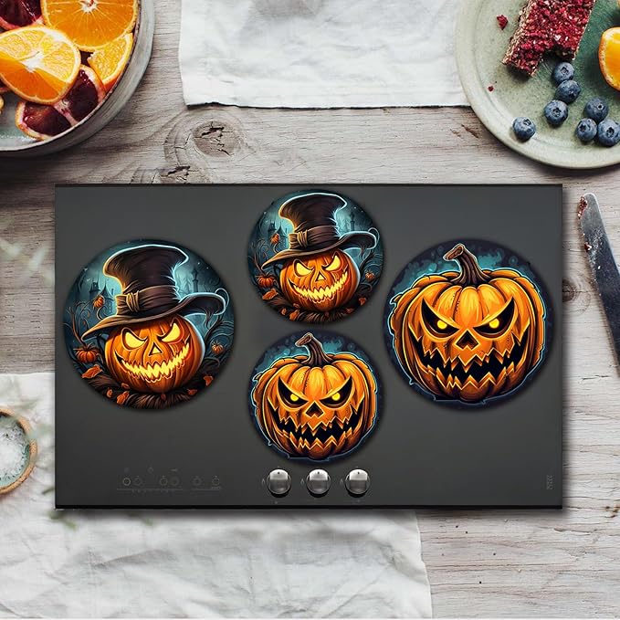 Halloween Pumpkin Electric Stove Burner Covers，4 Pcs Pumpkin Halloween Decor Round Stove Burner Covers，8 Inches and 10 Inches，Gas Stove Burner Cover,Metal Cooktop Halloween Decorative,Kitchen Decor