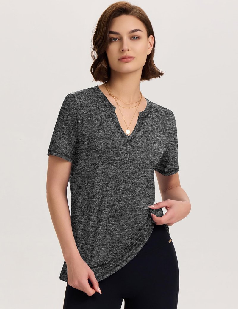 TCOT Women's Workout Tops Short Sleeve Athletic Yoga Shirts Moisture Wicking Shirts V Neck Running Tees Dark Grey L