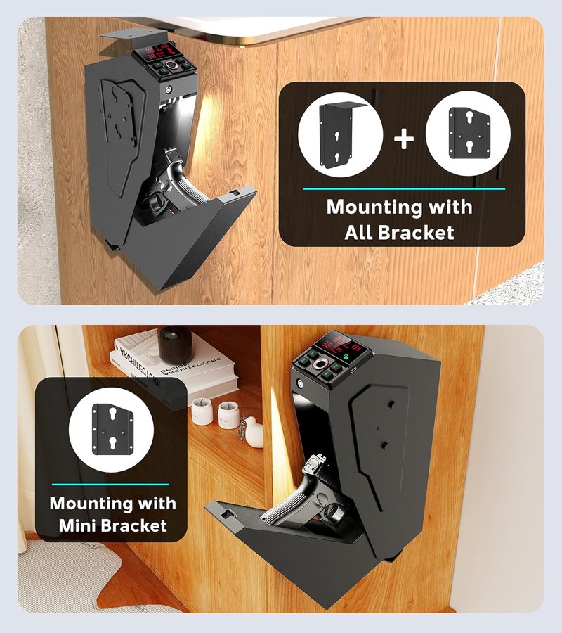 Handgun Safe - Quick-Access Mounted Nightstand Pistol Safe with Biometric Lock | Auto Open Lid, Secure Storage