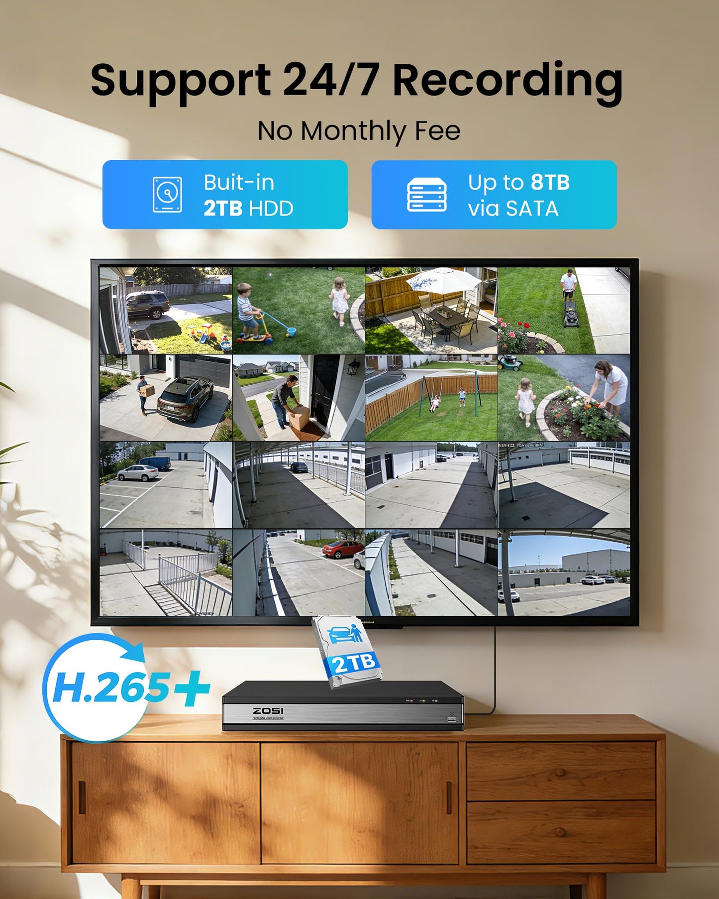 ZOSI 3K Lite 16 Channel Security Camera System Outdoor,AI Human Vehicle Detection,Night Vision,12pcs 2MP Weatherproof Surveillance Camera,H.265+ 16CH 1080P CCTV DVR with 2TB HDD for 24/7 Recording