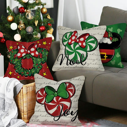 Ussap Merry Christmas Decorative Throw Pillow Covers 18 x 18 Set of 4, Xmas Candy Cane Wreath Red Green Bow Cushion Case Decor, Noel Joy Winter Holiday Farmhouse Home Sofa Couch Decoration
