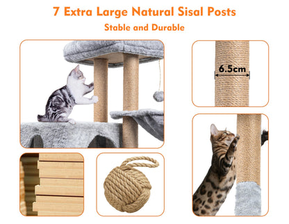 Cat Tree, 145cm Stable Cat Scratching Post for Indoor Cats, Multi-Level Cat Climbing Tower with Posts Fully Wrapped in Natural Sisal Rope, Suitable for Kitty Kitten