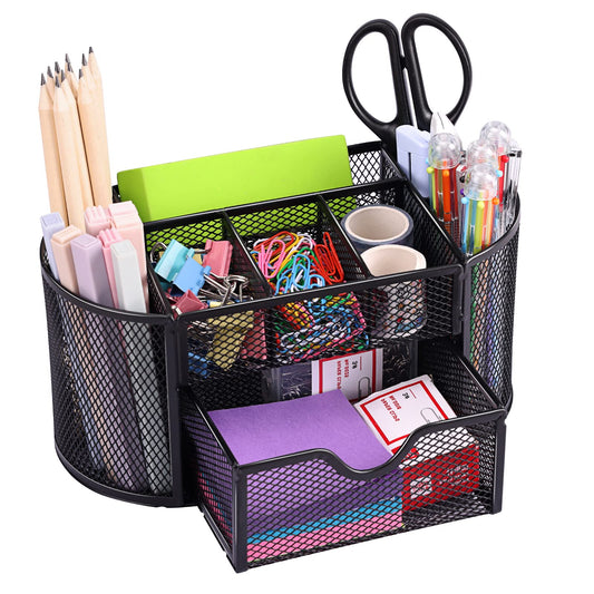 EOOUT Desk Organizer, Pencil Holder for Desk, Mesh Office Desk Accessories with 8 Compartments and 1 Drawer Stationery Holder School Supplies