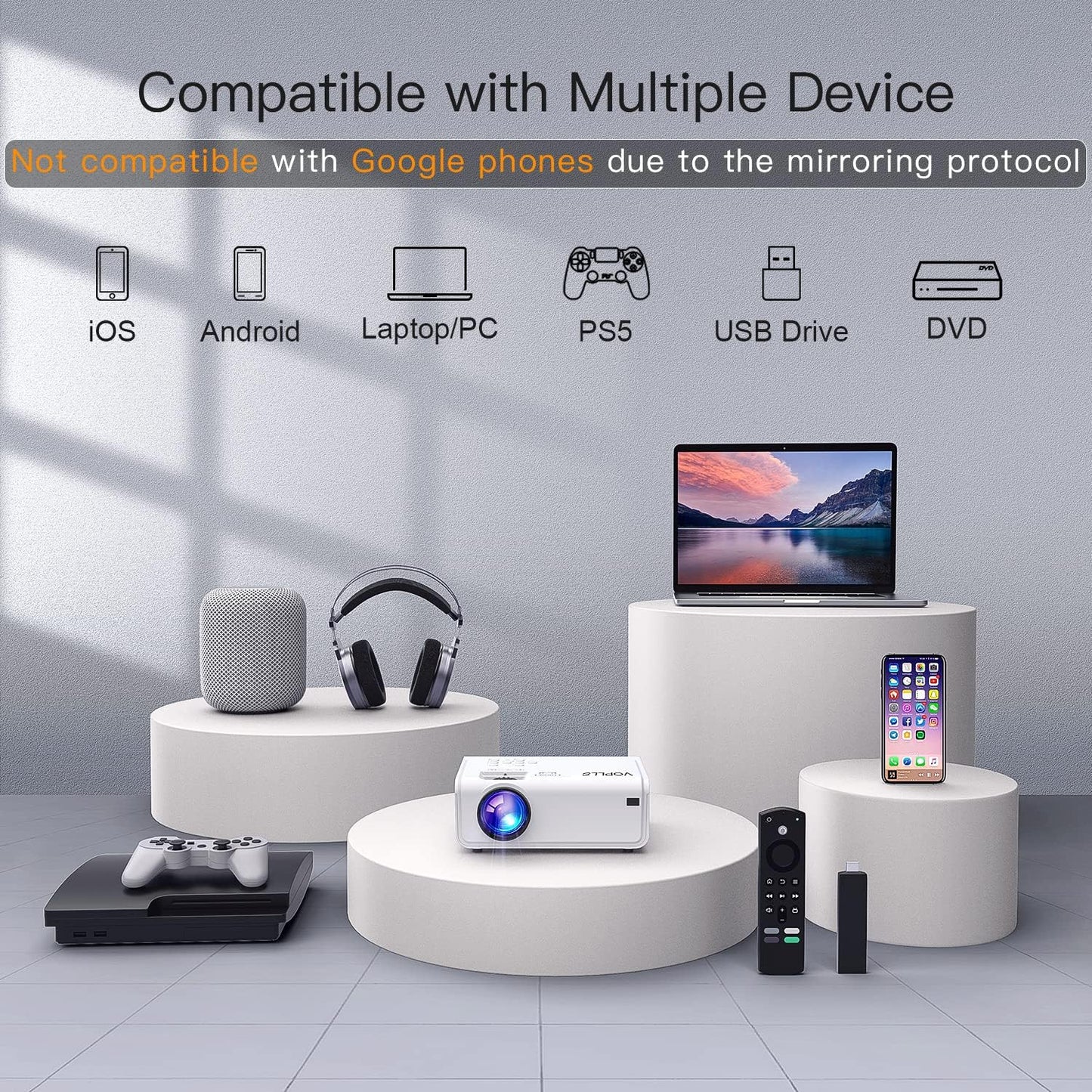 Electric Keystone Projector, VOPLLS Projector with WiFi and Bluetooth, Native 1080P Outdoor Home Theater Movie Projector, 50％Zoom, Compatible with HDMl, USB, AV, Smartphone/Tablet/Laptop (20000L)