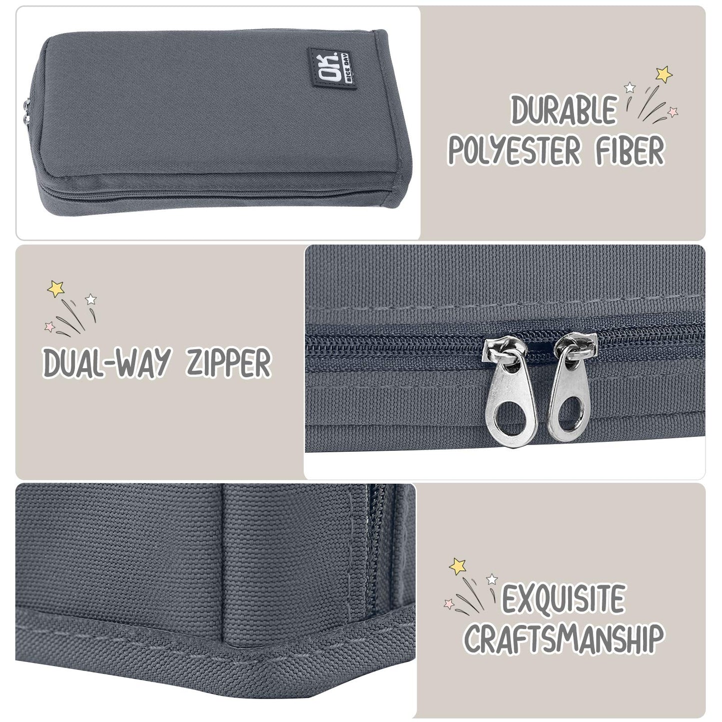 Housolution Standing Pencil Case Large Capacity Pen Bag, Multi-Layer Pen Pouch Pencil Holder Stationery Organizer, Polyester Pencil Bag Storage Box Desk Organizer, Gray