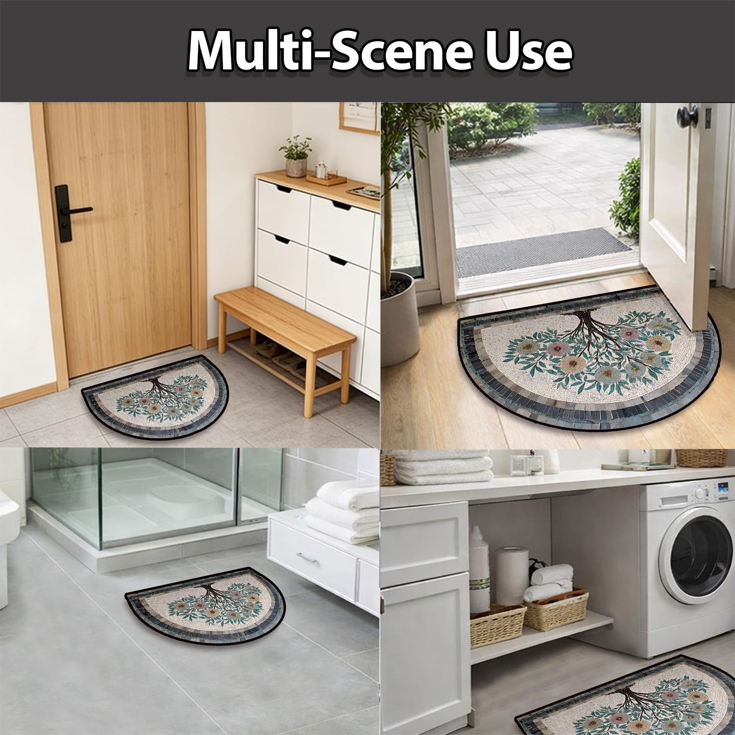 NYZE Semi Circle Door Mat Half Round Welcome Mat Non Slip Low-Pile Absorbent Half Circle Entryway Rug for Bathroom Bedroom Laundry Room(Blossom Tree, 24"×36")