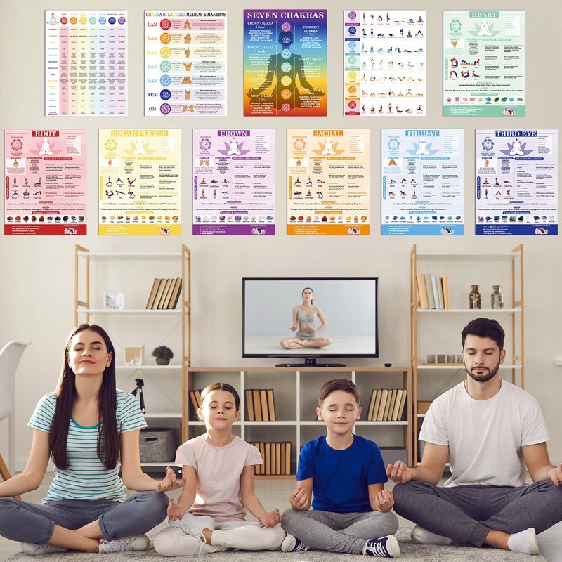 11pcs Chakras Posters (14.2 x 11.0 in) Yoga Poses Posters Set, Healing Meditation Yoga Pose with Crystals & Affirmations Quick Reference Guide, Spiritual wall art Gifts for Yogas Reiki Room Home Decor
