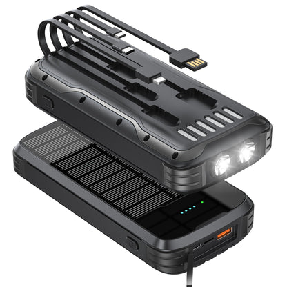 Solar Charger Power Bank, 40000mAh Portable Charger PD 20W Fast Charging Solar Power Bank Built in 4 Cables and USB-C in/Output, Camping Essentials External Battery Pack with Flashlights