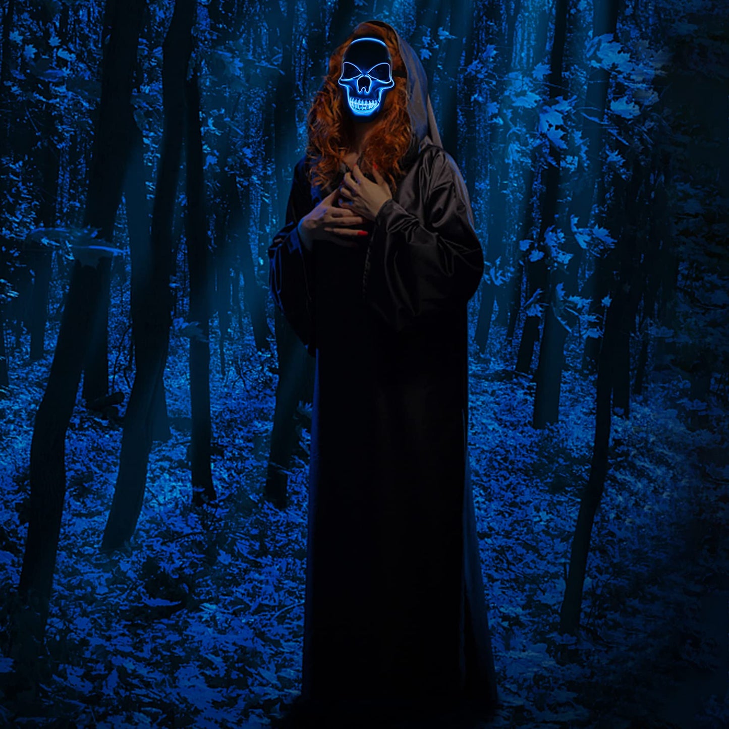 Double Couple Halloween Costumes for Adults with Scary Light up Mask Cosplay Cape Costumes Cloak with Hood for Women Men