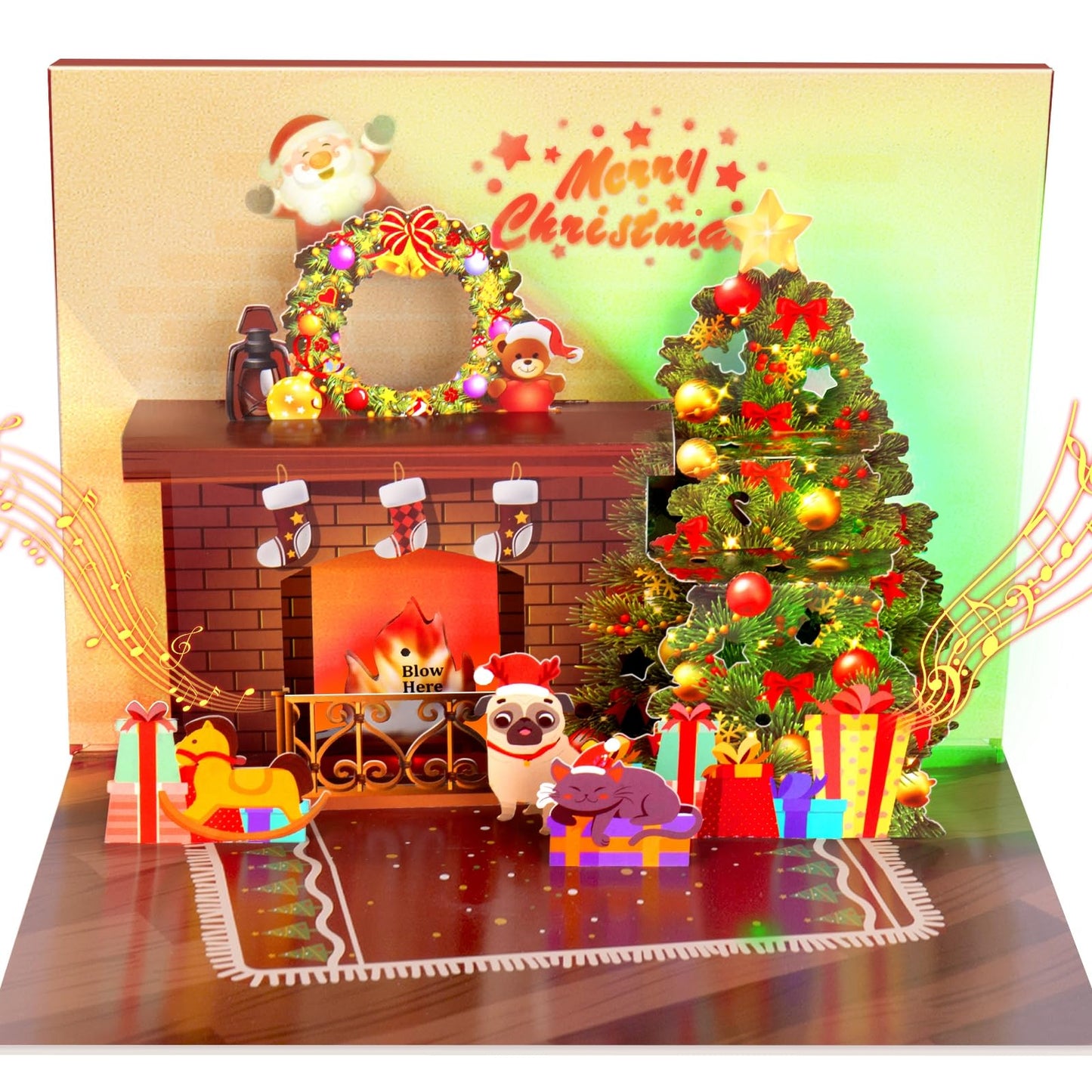 FITMITE Christmas Card Pop Up with Light and Music 3D Santa Fireplace Merry Christmas Greeting Card with Envelope for Kids Girls Women Man Christmas Gift