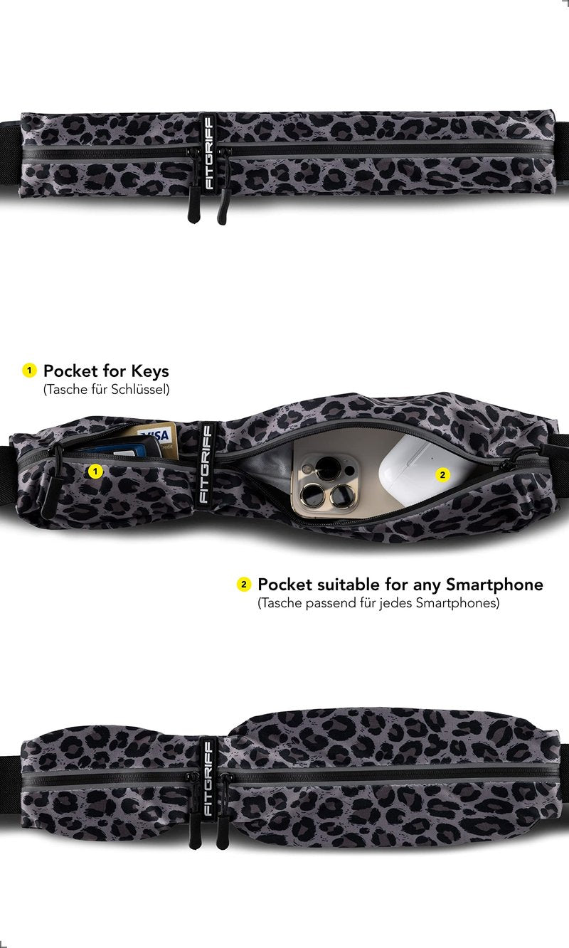 Fitgriff® Running Belt for Men & Women - Secure Jogging Pouch for Phone, Keys & Essentials - For All Cell Phones (Leopard, 24.5" - 35.5" Waist Size)