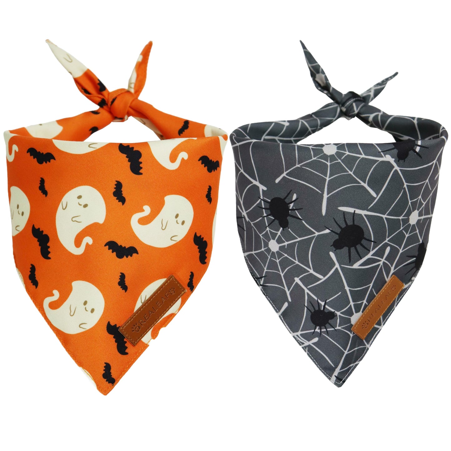 Realeaf Halloween Dog Bandanas 2 Pack, Spider Web Ghosts Bibs, Triangle Reversible Fall Pet Scarf, Premium Durable Fabric, Adjustable Fit (Halloween, Large)