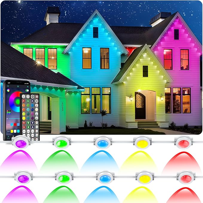 150FT Permanent Outdoor Lights,for House Roof, Christmas, Holiday, Party, Daily Lighting, IP67 Waterproof,RGB Eaves Lights with Multi Scene Modes for Halloween