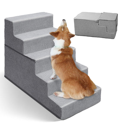 Masthome Dog Steps for Bed, Foldable 5-Step High-Density Foam Dog Ramp with Removable Cover, Soft & Non-Slip Pet Stairs for Small Older Injured Pets, 75x38cmx57, Grey