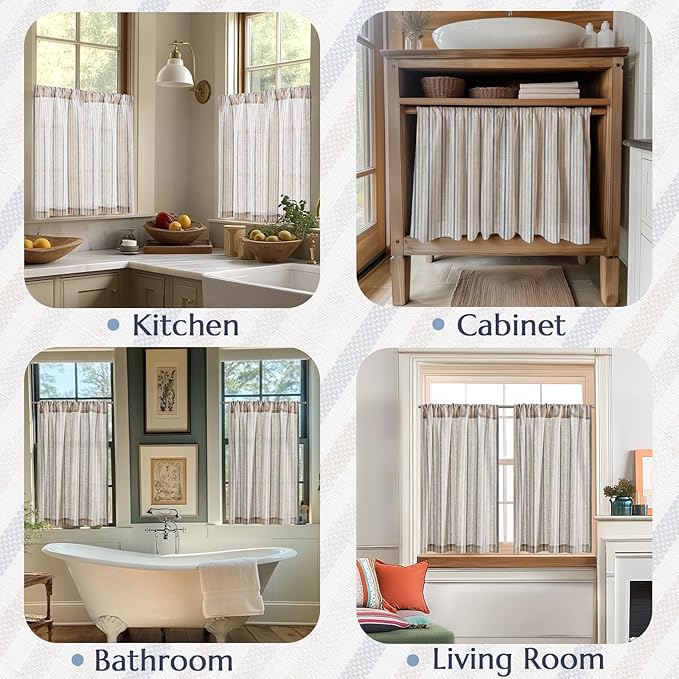 jinchan Colorful Striped Linen Kitchen Curtains 36 Inch Christmas Tier Curtains Farmhouse Modern Cafe Small Window Treatments Light Filtering Rod Pocket for Living Room Bathroom 2 Panels Multi Blue