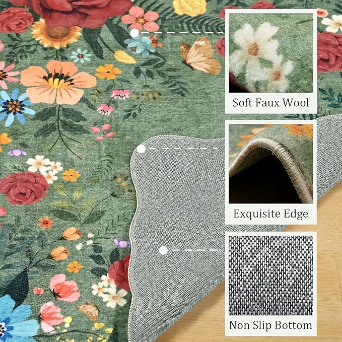 Washable Entryway Small Area Rugs: Door Mat Indoor Entrance 2x3 Floral Rug Ultra Thin Stain Resistant Non Slip Low Pile Lightweight Carpet for Kitchen, Front Door, Small Spaces Decor (Green)