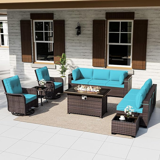 ALAULM 11 Pieces Patio Furniture Set with 2 Swivel Chairs Patio Furniture Outdoor Sectional Sofas with 55000 Gas Fire Pit Patio Conversation Set w/8 Cushions-Blue