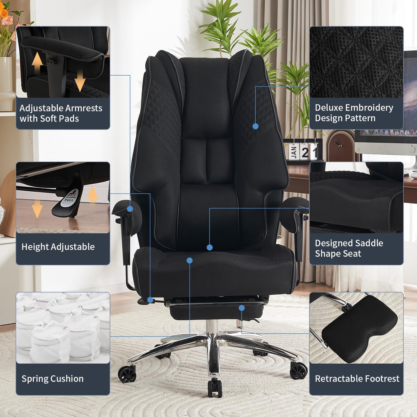 EXCEBET Big and Tall Office Chair 400lbs Wide Seat, Leather High Back Executive Office Chair with Foot Rest, Ergonomic Chairs Lumbar Support for Lower Back Pain Relief (Mesh Black)