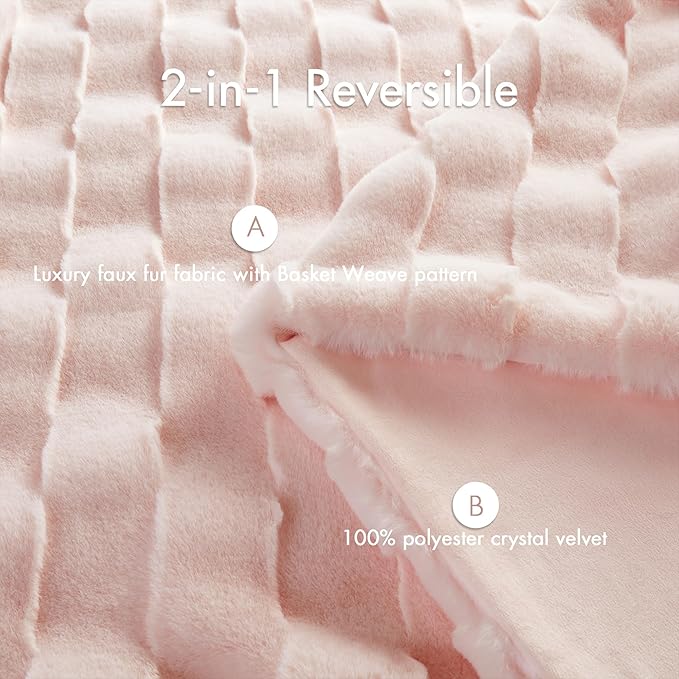 Madison Park Luxuriously Cozy Soft Long Faux Fur Basketweave Blanket, Reversible Soft & Snuggly Velvet Throw, Lightweight, Breathable, All Season, Trendy Room Décor, 50x60, Pink