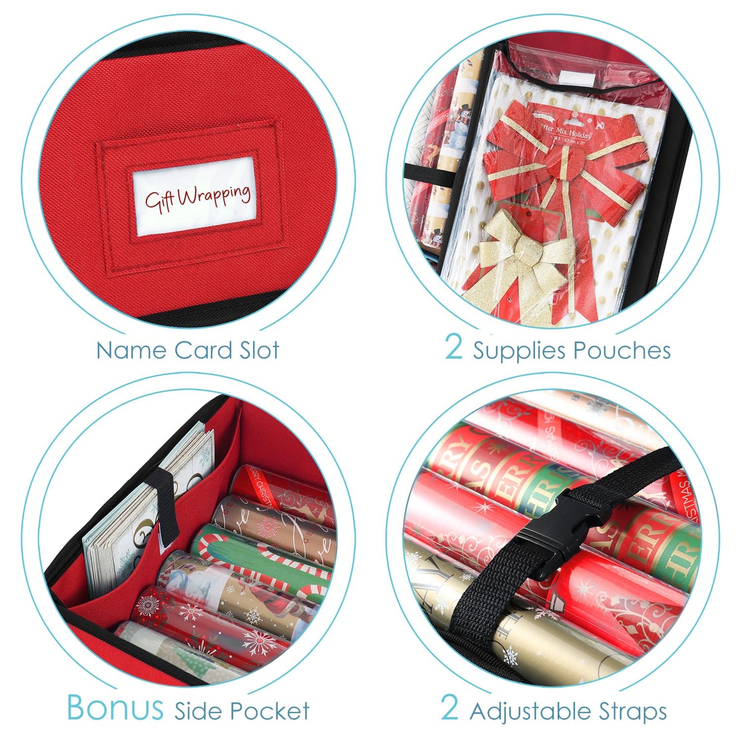 Hearth & Harbor Wrapping Paper Storage Container - Christmas Storage Bag with Interior Pockets - Gift Wrap Organizer Fits Up to 22 Rolls of 40" - Tear Proof, Red