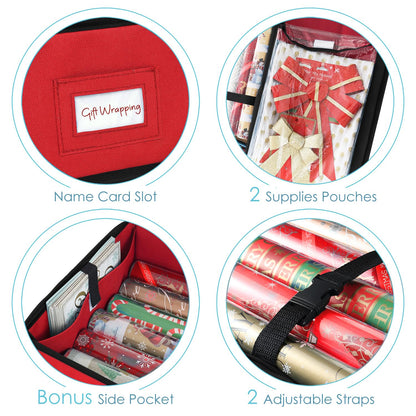 Hearth & Harbor Wrapping Paper Storage Container - Christmas Storage Bag with Interior Pockets - Gift Wrap Organizer Fits Up to 22 Rolls of 40" - Tear Proof, Red