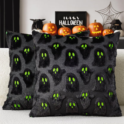 MIULEE Halloween Pillow Covers Cute Ghost Spooky Throw Pillows Set of 2 Soft Plush Faux Fur Decorative Cushion Covers for Couch Sofa Bed Porch Living Room Halloween Decor 18x18 inch Black