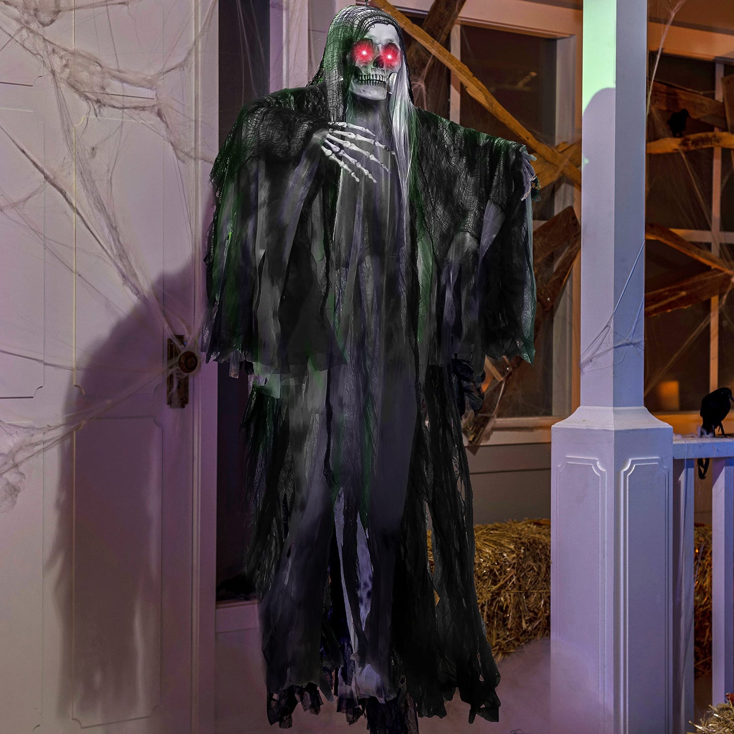 JOYIN 59” Halloween Animated Hanging Grim Reaper Outdoor Decorations with Glowing Eyes and Creepy Sound, Halloween Skeleton Ghost Decoration for Haunted House Prop Graveyard Lawn Indoor Party Supplies