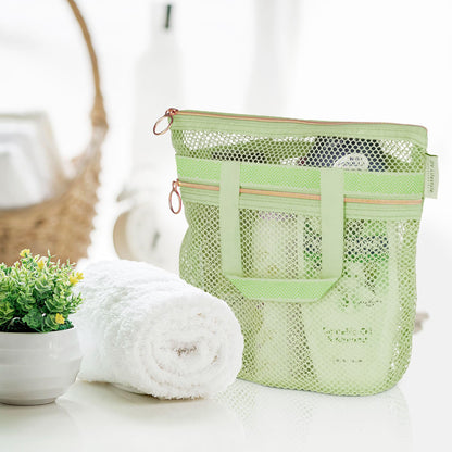 DV Lifestyle Mesh Shower Bag 10.2x9.9'' Quick-Dry Caddy with Zipper & 2 Pockets. Portable Toiletry Tote for Bathroom, Gym, Travel, Camp, Beach, for Sunscreen, Dorm & College Essentials (Light Green)